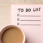 Różowy notatnik z napisem TO DO LIST i puste linie do wypełnienia leżące obok filiżanki herbaty z mlekiem na jasnym drewnianym stole.