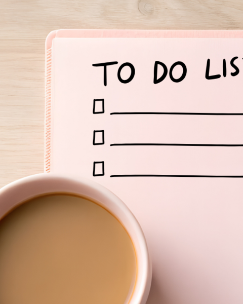 Różowy notatnik z napisem TO DO LIST i puste linie do wypełnienia leżące obok filiżanki herbaty z mlekiem na jasnym drewnianym stole.